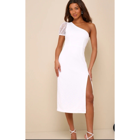NWT Lulu’s Dress White Polka‎ Dot Mesh One-Shoulder Midi XL Slit Cocktail Event - Picture 1 of 11